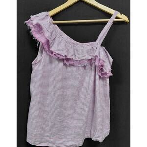 Holding Horses Linen One Shoulder Ruffle Top Purple Solid Sleeveless Size S